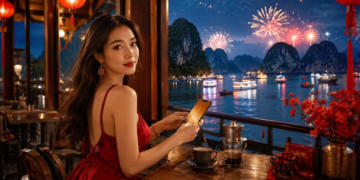 Người dùng Việt Nam thưởng thức cà phê và đăng ký tài khoản cá cược tại vịnh Hạ Long